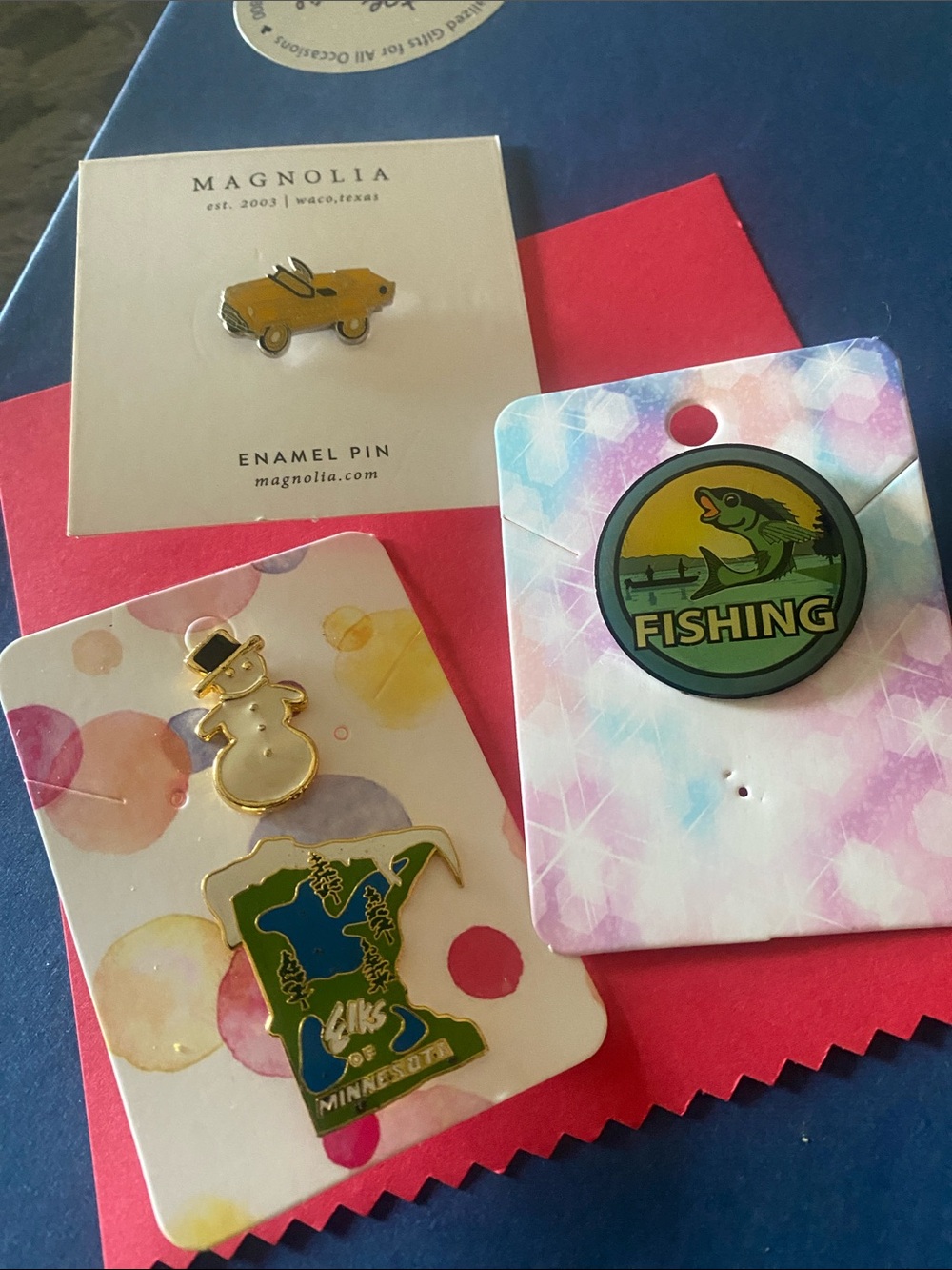 Magnolia Yellow Car Enamel Pin + random Fishing & Minnesota Pins Set